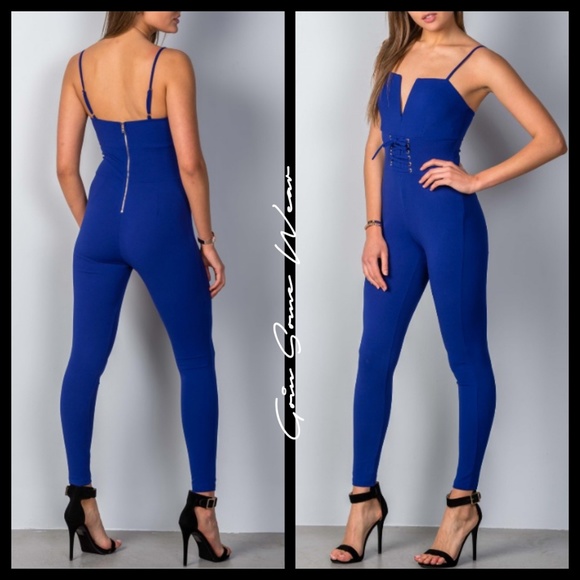 Blue V-Cut Corset Waist Party Jumpsuit Womens Size Small, Medium, & Large - Picture 2 of 5